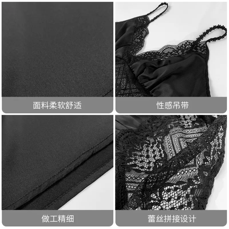 Sexy Black Female Nightgown Chemise Sleepwear Patchwork Lace Nightdress Intimate Lingerie New Summer Satin Mini Home Dress - Image 6