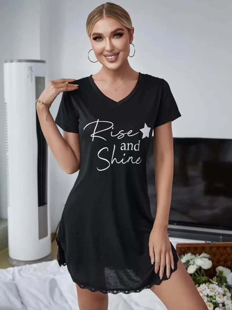 Summer Sexy Sleepwear Women Lace Hem Nightdress V-neck Short Sleeve Pajamas Nighties Nightgown Nightwear Side Split Skirt - Image 5