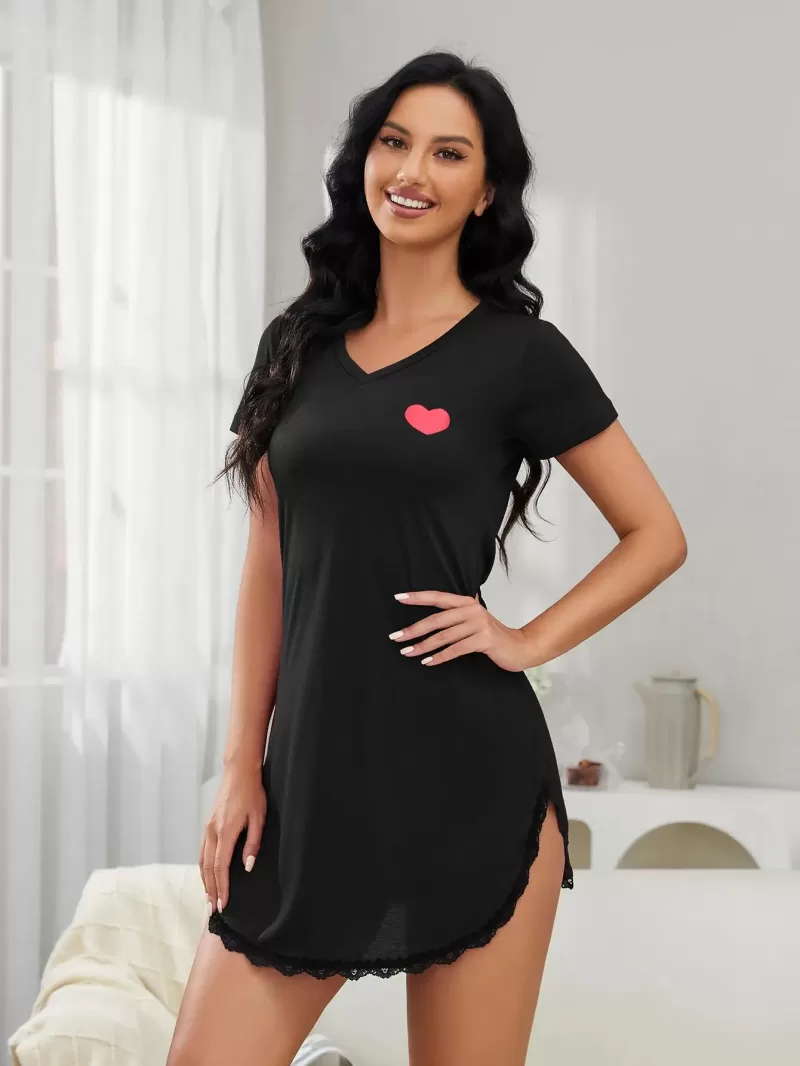 Summer Sexy Sleepwear Women Lace Hem Nightdress V-neck Short Sleeve Pajamas Nighties Nightgown Nightwear Side Split Skirt
