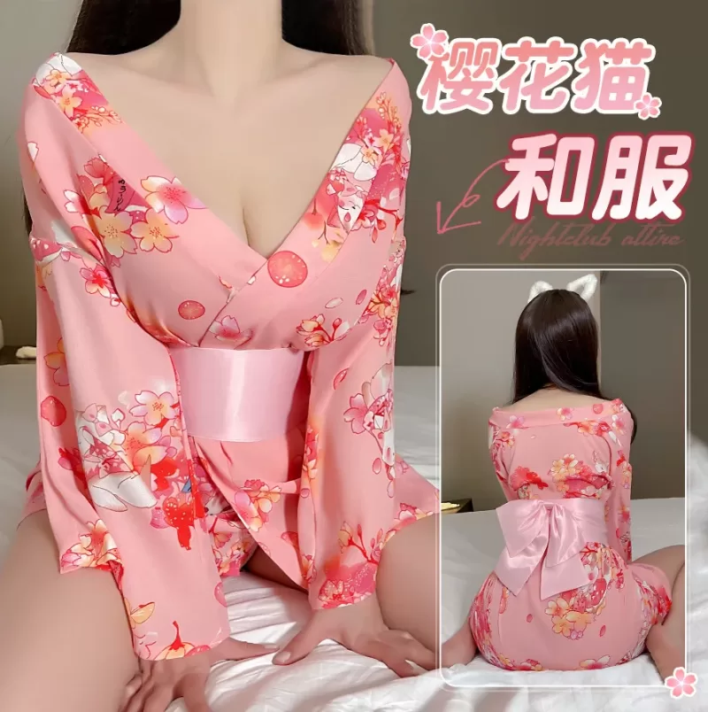 Japanese AV Actress Kimono Uniform Cosplay Sexy Lingerie Satin Bow Waist Belt with Robe Temptation Costume Pajamas Set for Women