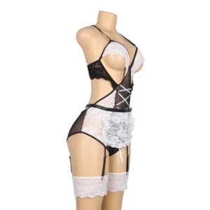 kf S04321cd10e254a9bb66126a4b9f9dcc5G Plus Size Womens French Maid themed and Apron Teddy Lingerie Maid Costume Set Sexy Halloween Hentai