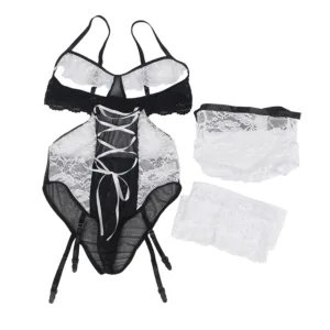 kf S3221a62703054ae9a5272e59b8909775N Plus Size Womens French Maid themed and Apron Teddy Lingerie Maid Costume Set Sexy Halloween Hentai