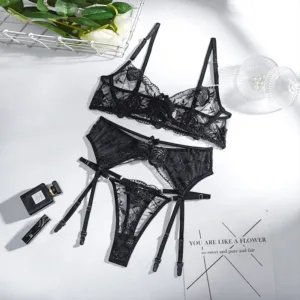 kf S487dfd8785b041efa6d41cecc3f7dc22N Plus Size Floral Embroidery Lingerie Set Sheer Mesh Bra And Panty Garters Belt Erotic Costumes Hot