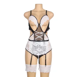 kf S67dbe027dfc142b9ad191f4e44ad009f6 Plus Size Womens French Maid themed and Apron Teddy Lingerie Maid Costume Set Sexy Halloween Hentai